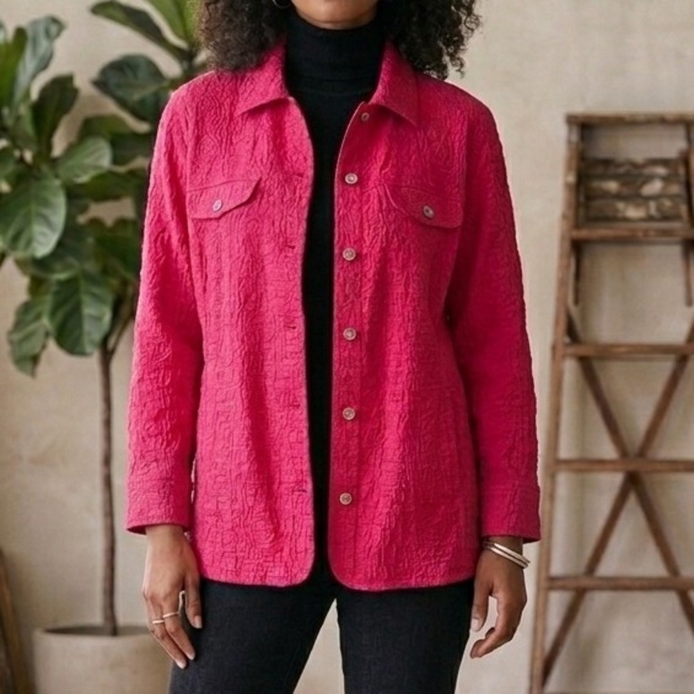 Chicos Pink Floral Rose Shacket Texture Romantic Luxury Preppy Jacket 2 Large